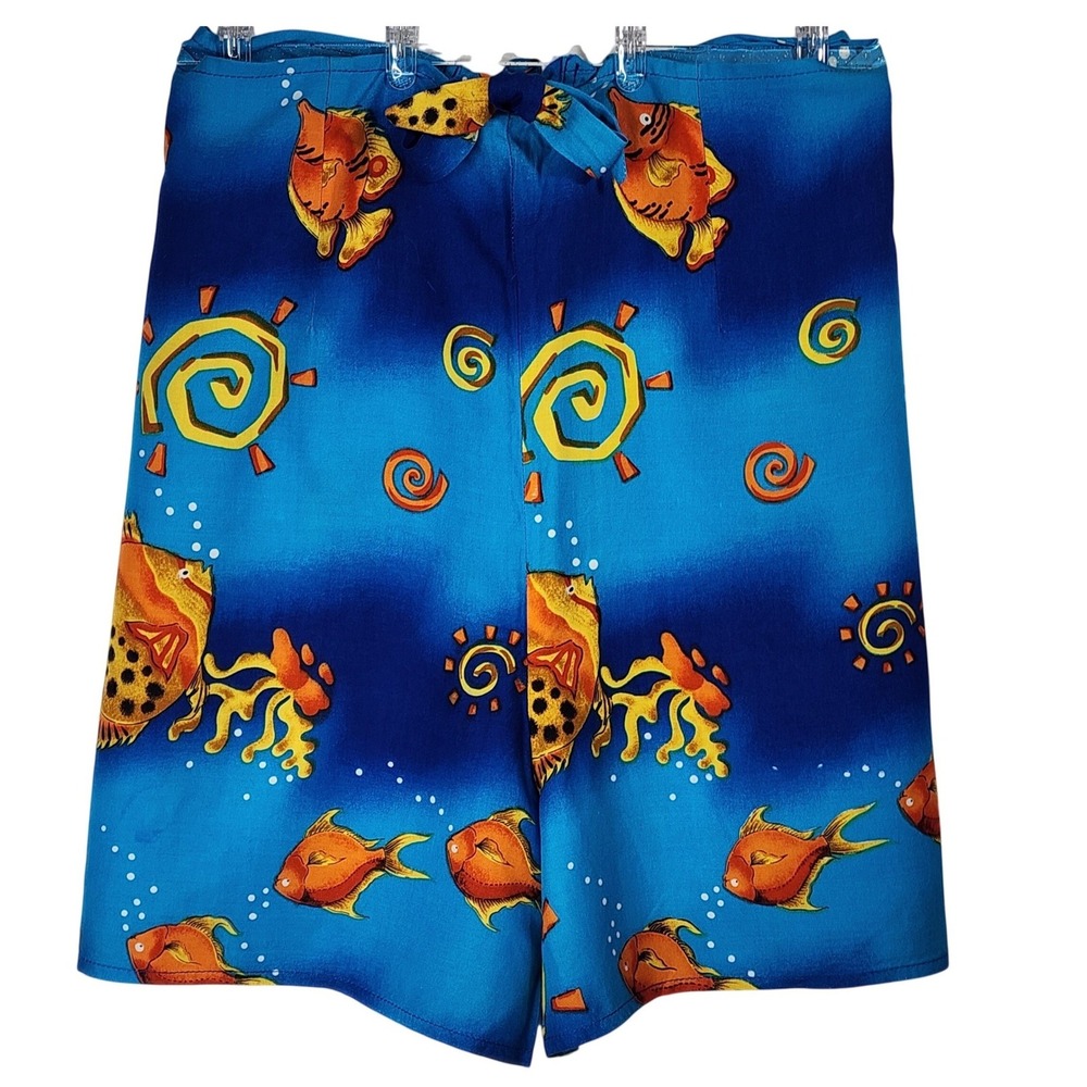 Handmade Tropical Fish Wrap Around Shorts Blue Orange Sun Print Large No Tag EUC